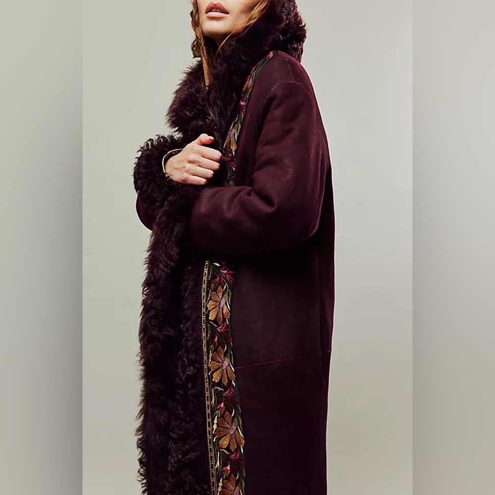Free People Penny Lane Plum Shearling Fur Long Trench with Floral Trim